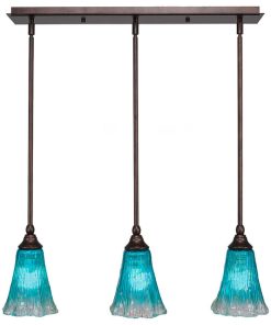3-Light Mini Pendant, Bronze, 5.5" Fluted Teal Crystal Glass